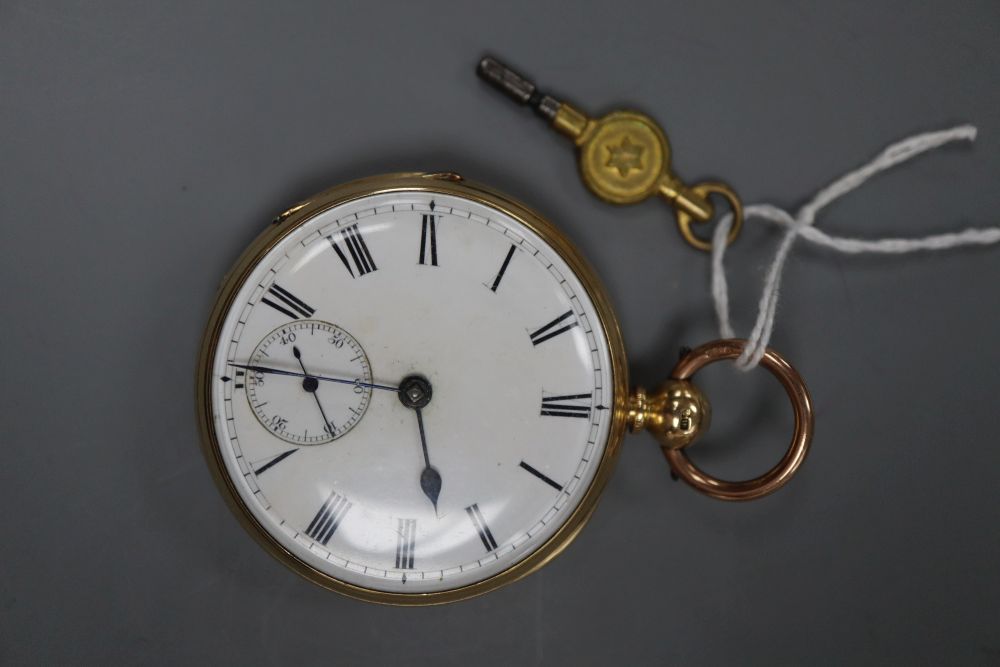 A late Victorian 18ct gold open face keywind lever pocket watch by John Spicer, London, numbered 8881, with key.